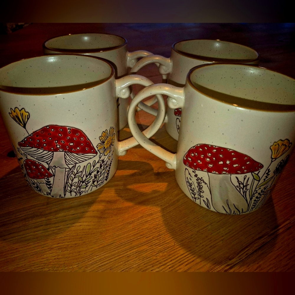 Elegant Cream Ceramic Set- 4 Mushroom Mugs🍄